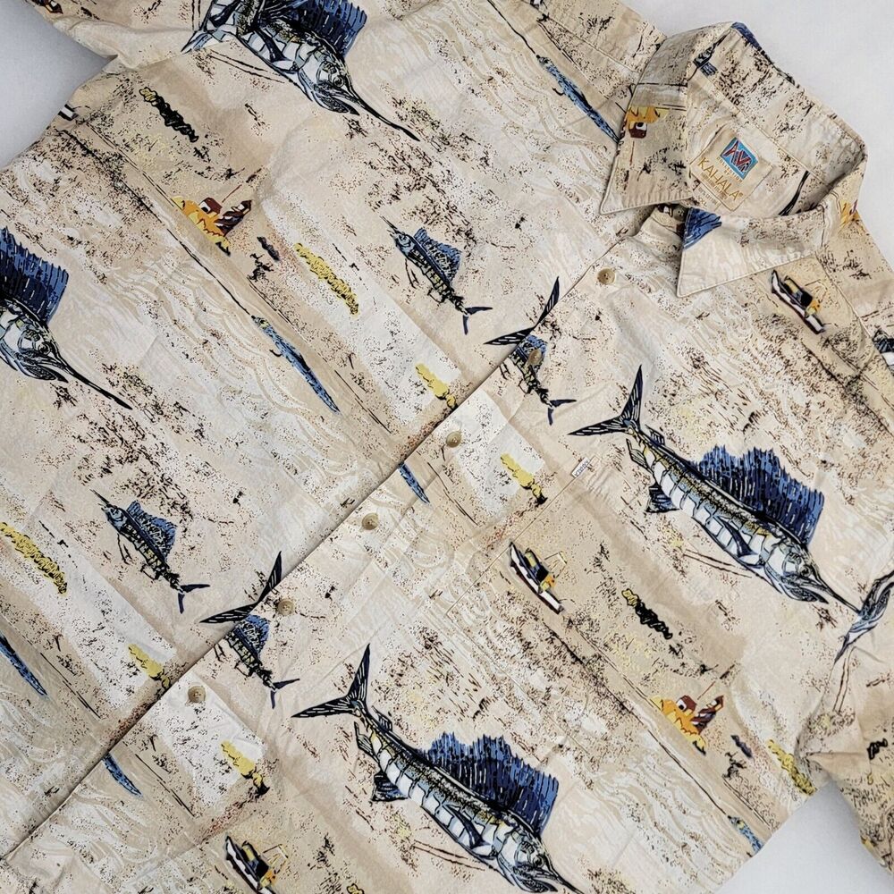 Avi Collection by Kahala Men's Swordfish Hawaiian Button Up Camp Shirt 2XL Beige